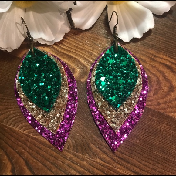 Faux Leather Earrings Mardi Gras Glitter 2.5” - Picture 3 of 6